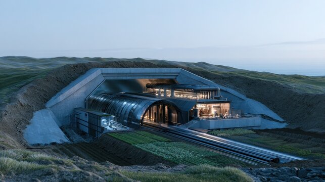 Futuristic underground bunker with illuminated tunnel entrance stands beside agricultural fields at twilight.