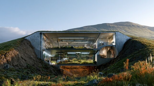 Modern underground facility built into a green hillside features glass walls and concrete architectural design.
