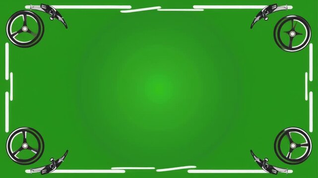 Minimalist green racing game screen background, animated white road markings with steering wheels in the corners, looping retro arcade style digital animation