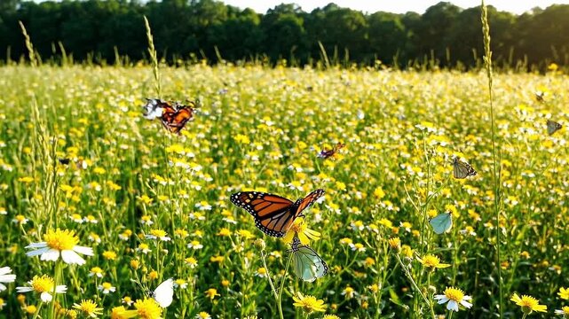 Butterflies flutter gracefully through a vibrant wildflower meadow bathed in warm sunlight symbolizing the beauty of nature and the arrival of spring or summer