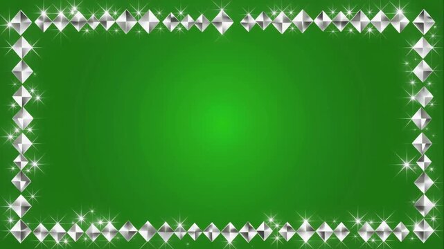 Sparkling diamond border on green background, shining crystal gems forming a rectangular frame, luxury glamour motion background with copy space
