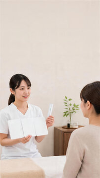 三つの案内カードで美容鍼の流れを説明する施術者