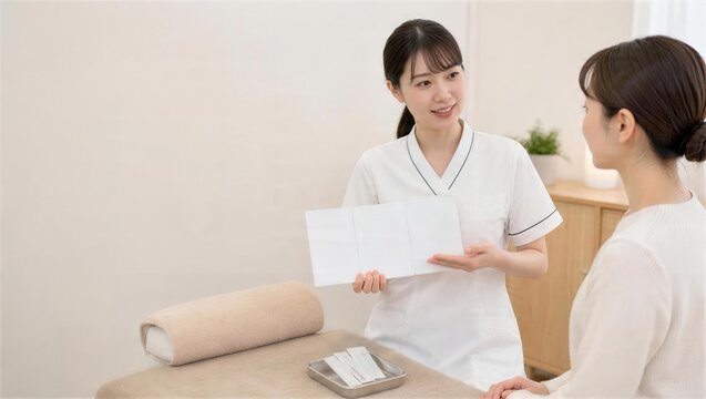 三つの案内カードで美容鍼の施術の流れを説明する鍼灸師