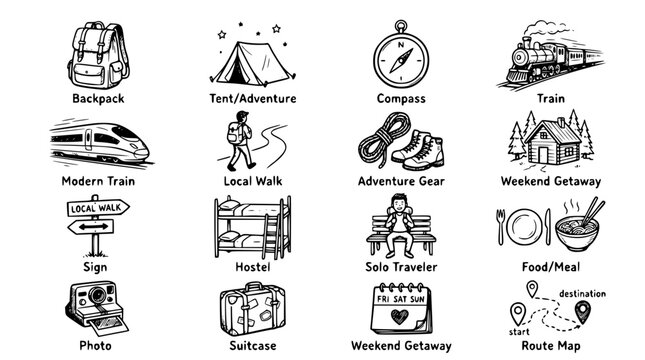 Hand drawn modern travel micro adventure icons weekend getaway train solo hostel local walk food photo, black ink sketch vector illustration
