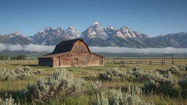 Iconic Moulton Barn at Mormon Row with Grand Teton Mountains and Fog