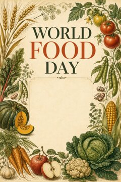 World Food Day illustration with fresh vegetables and wheat in vintage botanical style