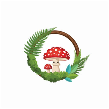 Cute mushroom vector inside a circular wooden frame surrounded by green fern leaves and moss, concept for fairytale storybook art, suitable for autumn crafts, nature graphics and children design