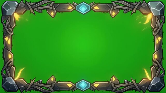 Fantasy stone and wood game border with glowing blue crystals, medieval UI frame asset with golden magical embers, green screen chroma key video background