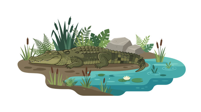 A detailed illustration of a swamp ecosystem featuring a crocodile resting on a muddy bank.