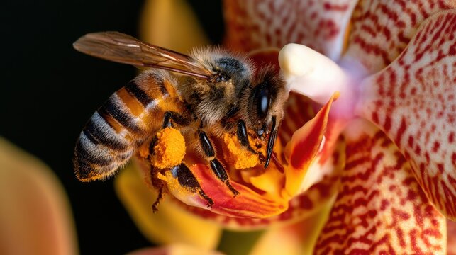 Honeybee collects yellow pollen grains from a vibrant spotted orchid flower in close macro detail.