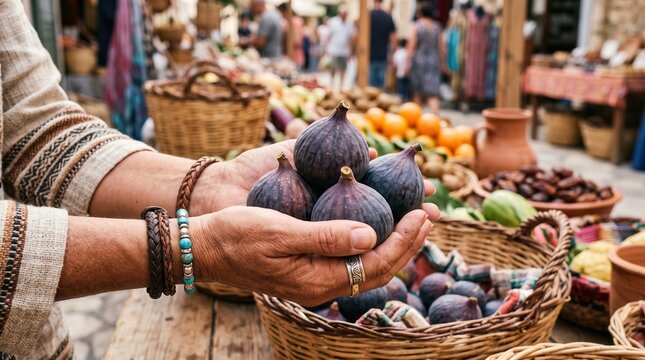 Female Traveler at Local Market concept. Hands holding fresh figs at an outdoor market with various fruits in baskets