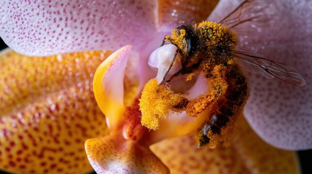 Bee covered in yellow pollen gathers nectar inside a brightly colored pink and yellow orchid blossom.