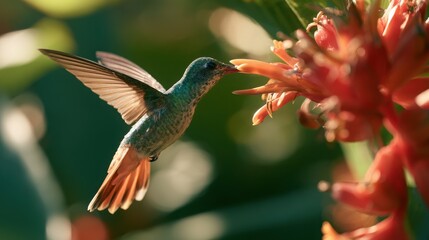 Naklejka premium Hummingbird reaches toward a red tropical flower with its long beak during flight.