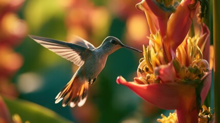 Naklejka premium Hummingbird spreads its wings while approaching a bright blossom in a tropical environment.