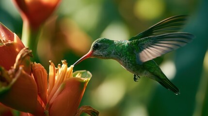 Naklejka premium Hummingbird hovers near an orange tropical flower to drink nectar in a lush green garden.