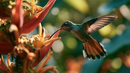 Naklejka premium Hummingbird hovers near bright orange tropical blossoms to feed on nectar in a natural environment.