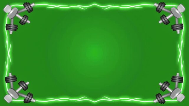 Animated gym border on green background, fitness dumbbells with neon electric sparks frame, weightlifting and workout concept graphic loop