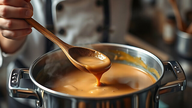 Chef stirring thickening sauce in a pot with wooden spoon in warm rustic kitchen.