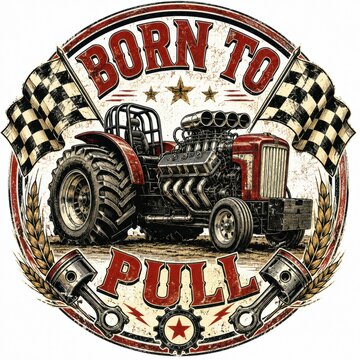 Vintage tractor pull retro distressed badge with checkered racing border
