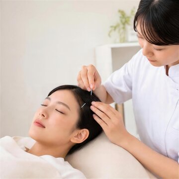 女性客の頭皮に美容鍼を施す女性鍼灸師