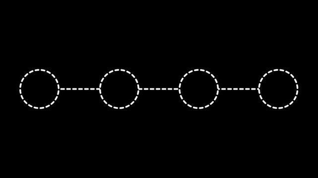 Process infographic animated white dashed line connecting four circles sequentially 4k dark black background