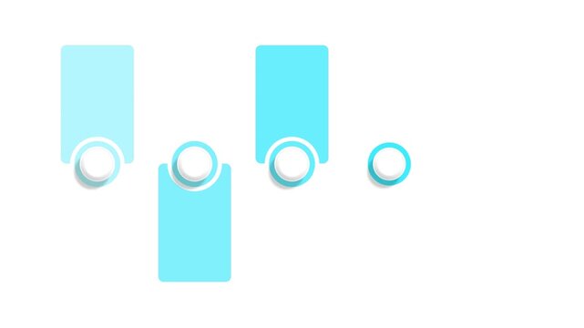 Infographic animated 5 steps blue gradient vertical hanging banners appearing sequentially 4k isolated white background