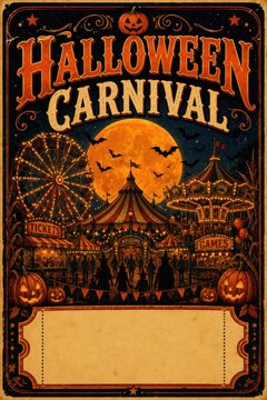 Halloween carnival poster with spooky jackolantern bats and haunted scene