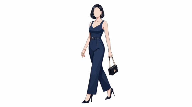 Fashionable woman in a dark blue jumpsuit walking confidently.
