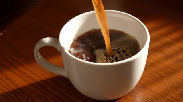 White ceramic coffee cup sitting on a wooden table with dappled sunlight creating shadows showing a simple breakfast setting and morning routine concept