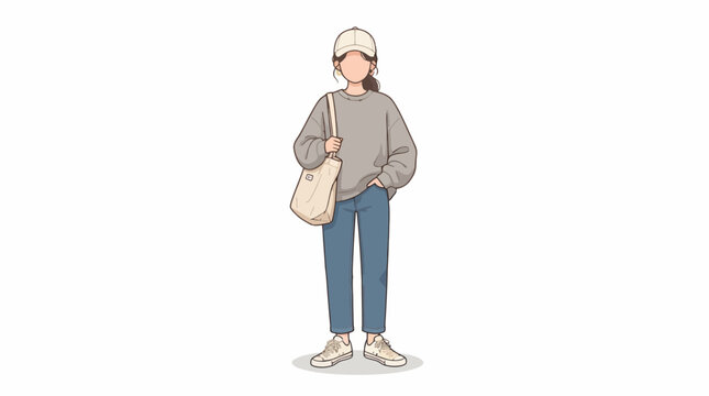 A stylish young woman wearing a cap and casual clothing standing in a relaxed pose.