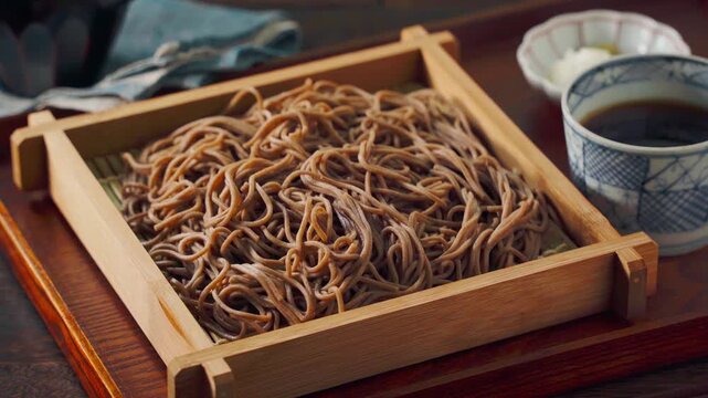 もり蕎麦 せいろに盛った冷たい蕎麦とめんつゆ