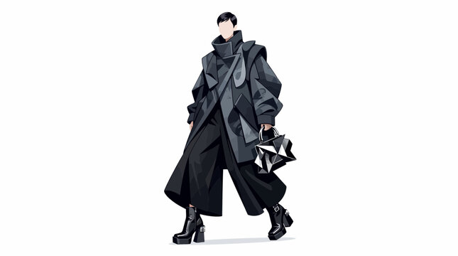 A fashion illustration of a person wearing a dark avant-garde layered coat and wide-leg trousers.