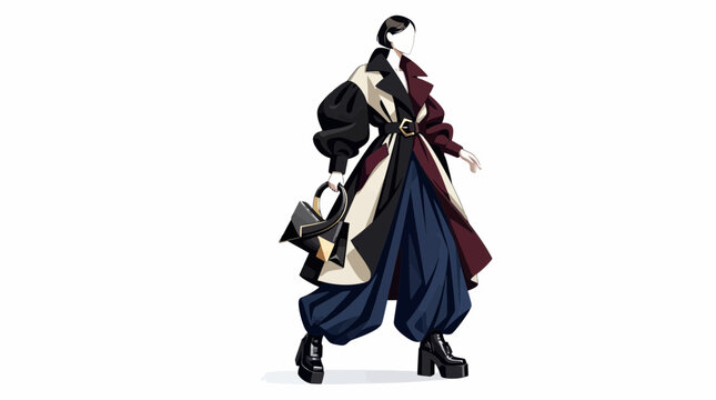 Fashion illustration of a stylish woman wearing a layered coat and wide leg trousers.