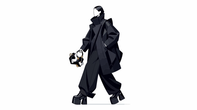 A stylized fashion illustration of a person walking in an oversized black outfit.
