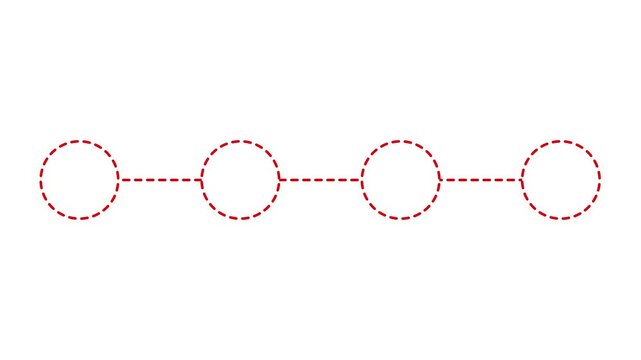 Timeline infographic animated four red circle step sequence linearly connecting 4k white background