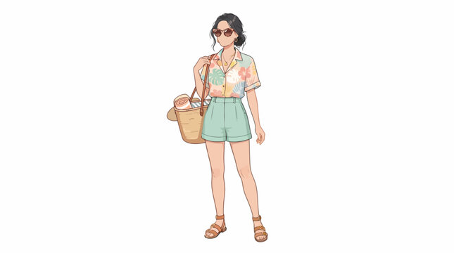 A stylish woman wearing a floral shirt and shorts carrying a straw bag.