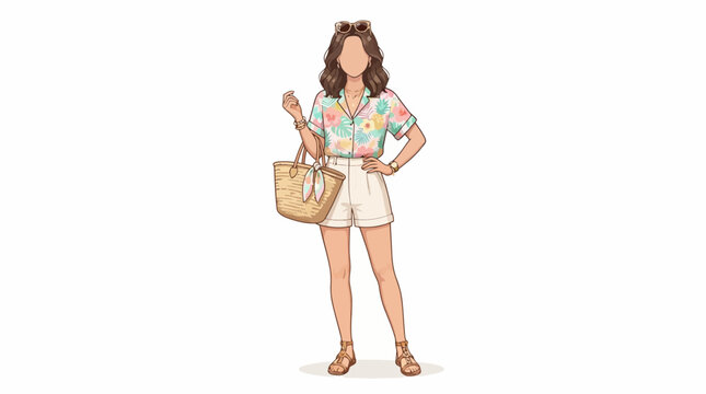 A stylish woman standing confidently while holding a straw handbag.