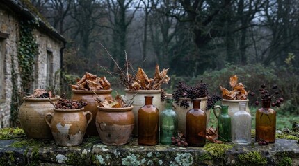 Fototapeta premium Rustic jars and bottles filled with dried leaves and berries sit on a mossy stone wall in a gloomy, wooded outdoor setting near an old ivy-covered building.