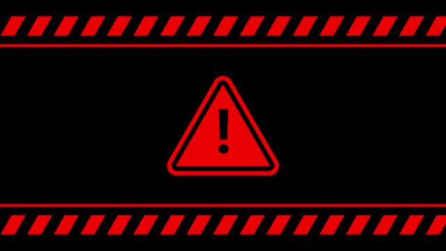Warning sign animated glowing red caution border with flashing triangle exclamation mark 4k dark red background