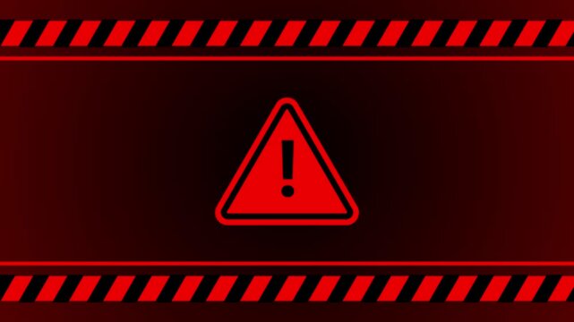 Warning sign animated glowing red caution border with flashing triangle exclamation mark 4k dark black background