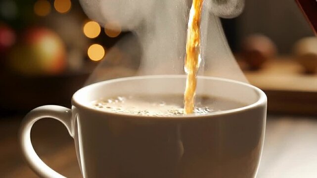 Freshly brewed hot coffee pouring into a white ceramic mug with steam rising in a warm inviting atmosphere perfect for a cozy morning or a winter break