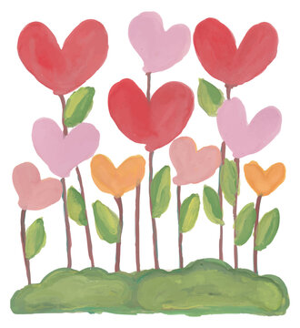 Heart Flowers Growing in Green Grass Illustration