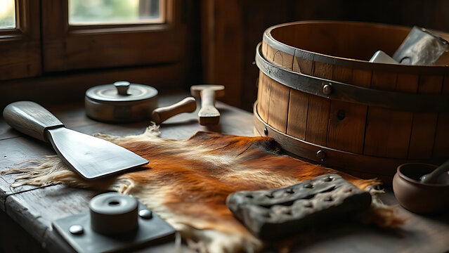 Ancient tanning tools including a scraper, barrel, and stretched animal hide.