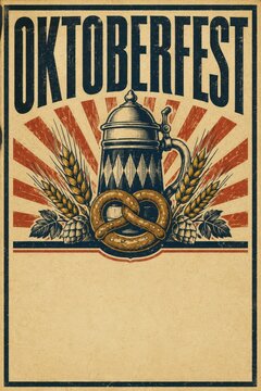 Oktoberfest beer stein emblem with pretzel and royal crown on vintage festival poster