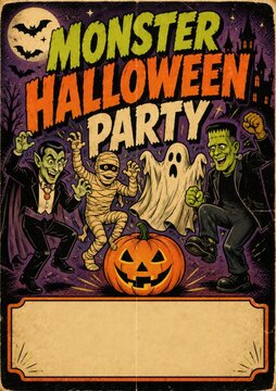 Vintage Halloween party poster with monsters and jackolantern celebrating spooky night