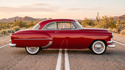 Fototapeta premium Red classic coupe parked on an open desert highway at sunset, capturing nostalgic Americana and freedom.