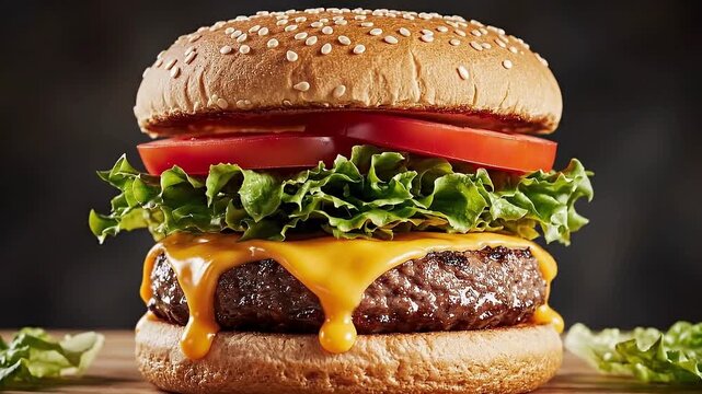 Delicious cheeseburger with melted cheddar cheese fresh lettuce and ripe tomatoes on a sesame seed bun perfect for restaurant menus advertisements or food blogs