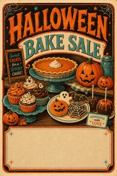 Vintage Halloween bake sale sign with pumpkin pie and jackolantern desserts