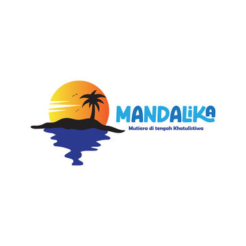 A vibrant tropical logo featuring a golden sunset orange sky blue water and a dark palm tree silhouette creating a relaxed coastal atmosphere
