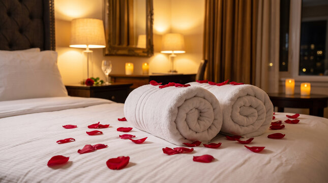 Luxury hotel bed featuring rolled towels and scattered red rose petals in a warm, romantic atmosphere.
